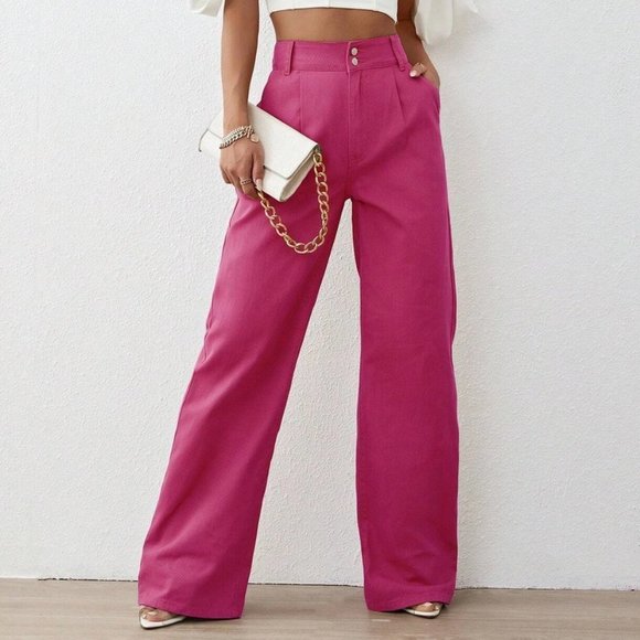 . Denim - Pink Plain Womens Solid High Waist Wide Leg Jeans